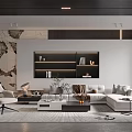 Modern Living Room With L-shaped Sofa Wall-mounted Bookshelf Coffee Table And Marble Wall Rug