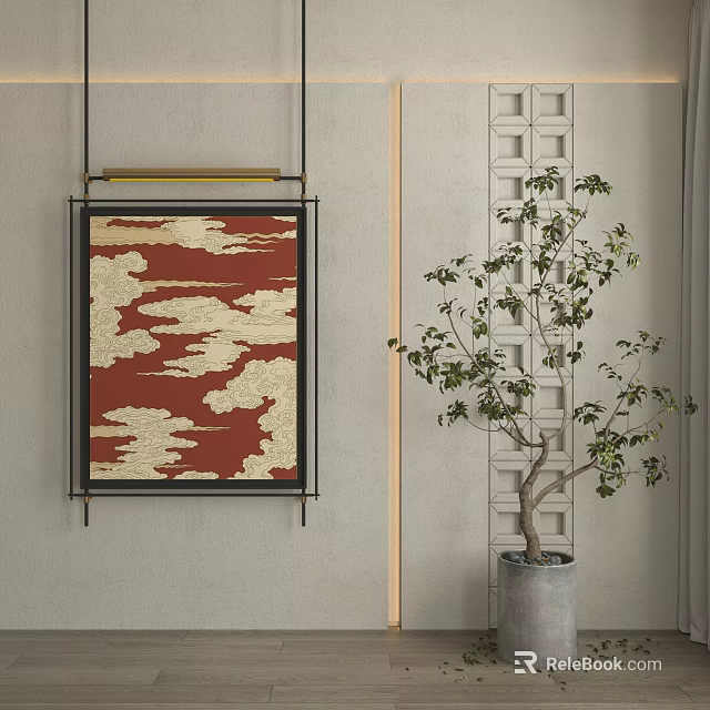 Framed Landscape Painting With Red Background Golden Cloud Patterns And Decorative Tree 3d model