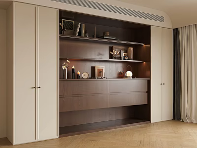 Modern Sideboard Featuring Light Beige Doors Dark Brown Drawers Open Shelves and Decorative Accents 3d model