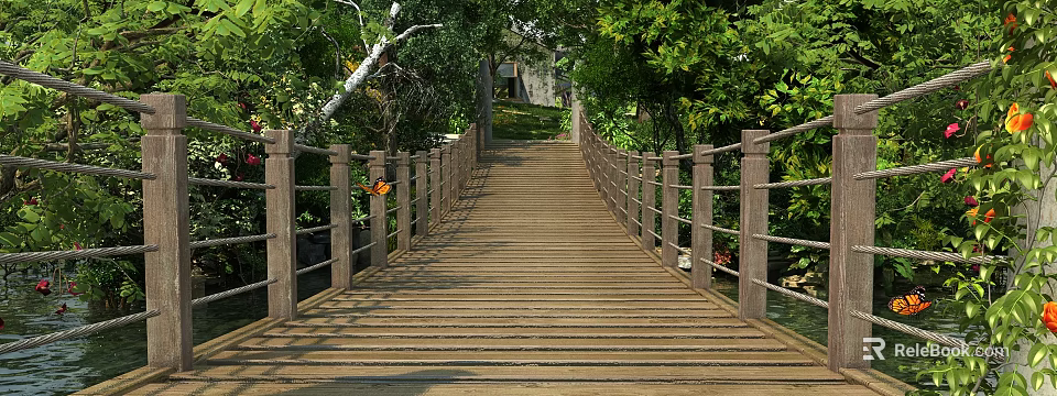 Wooden Pedestrian Bridge with Rope Accented Railings Surrounded by Green Trees and Natural Scenery 3d model 