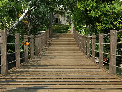 Wooden Bridge Wooden Plank Road Natural Wetland Riverside Cable Bridge Close-up 3d model