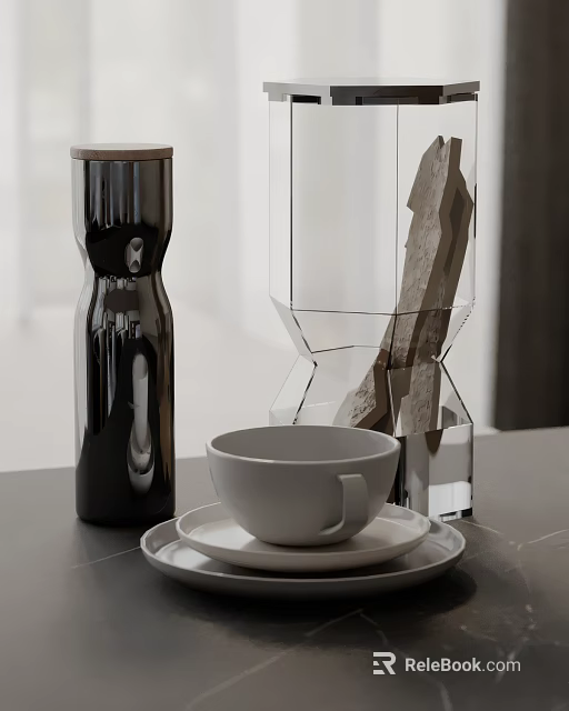 Modern Dining Kitchen Interior With Dark Countertop Black Container Glass Vase White Cup 3d model 