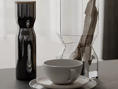 Modern Dining Kitchen Interior With Dark Countertop Black Container Glass Vase White Cup 3d model