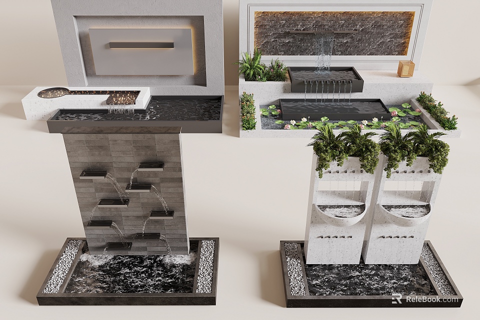 Decorative Garden Water Features With Tiered Waterfall Fountain And Green Plants 3d model 