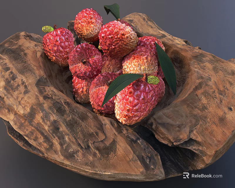 Ceramic Bowl Filled With Fresh Lychees Red Skin And Green Leaves 3d model 