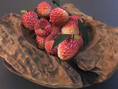 Ceramic Bowl Filled With Fresh Lychees Red Skin And Green Leaves 3d model