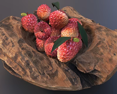 Ceramic Bowl Filled With Fresh Lychees Red Skin And Green Leaves 3d model