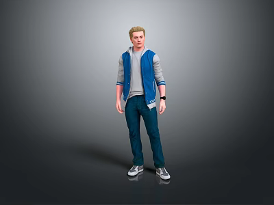 Blond Male Character In Blue Vest With Gray Top And Companion Creature Standing Together 3d model