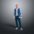Blond Male Character In Blue Vest With Gray Top And Companion Creature Standing Together