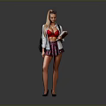 Blonde Woman In Red Top White Coat Plaid Skirt Holding Book With Sunglasses On Head