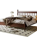 Double Bed With Wooden Headboard Patterned Quilt Brown Blanket And Table Lamps On Checkered Rug