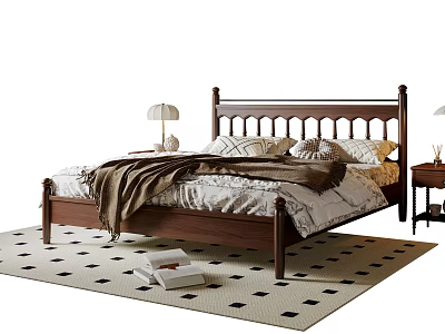 Double Bed With Wooden Headboard Patterned Quilt Brown Blanket And Table Lamps On Checkered Rug 3d model