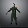 3D Character Model In Green Uniform With Yellow Buttons And Shoulder Badges Holding Brown Item