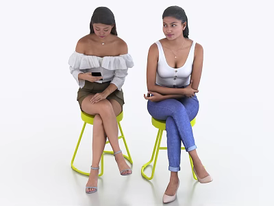 Two women sitting on green stools left looking at phone right with crossed arms 3d model