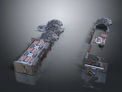 Cartoon Scene Featuring Two Structures With Platforms Stone-like Tops And Red Panels 3d model