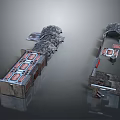 Cartoon Scene Featuring Two Structures With Platforms Stone-like Tops And Red Panels