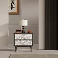 Modern Bedroom Interior With Table Lamp Radio And Decorative Jar On Patterned Drawer Nightstand