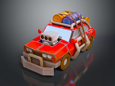 Red Car With Roof Luggage And Barrels And Front Bumper In 3D Cartoon Style 3d model
