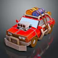 Red Car With Roof Luggage And Barrels And Front Bumper In 3D Cartoon Style