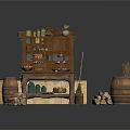 Rustic Interior With Wooden Cabinet Table Barrels Firewood Broom Food And Bottles