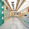Dessert Shop Interior With Glass Display Cases Various Desserts Wooden Counter And Bright Lighting