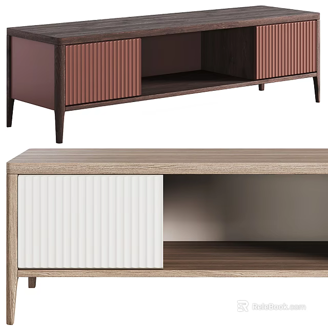 Modern TV Stand With Striped Panels Wood Grain And Storage Shelves 3d model 