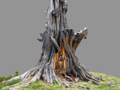 Rugged Ancient Tree With Exposed Roots And Tree Hollow In Grass 3d model