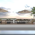 Modern Outdoor Sofa Set With Soft Cushions And Large Parasols For Cozy Rooftop Lounge