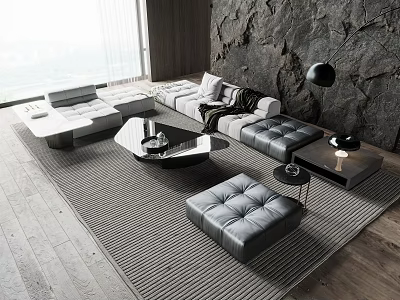Modern Leather Sofa and Coffee Table Set With Ottoman Rug Stone Wall And Large Window 3d model