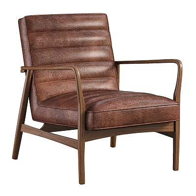 Modern Brown Leather Leisure Chair With Wooden Armrests And Comfortable Design 3d model