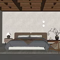 Traditional Style Bedroom With Double Bed Wooden Ceiling Calligraphy Decor And Carpet