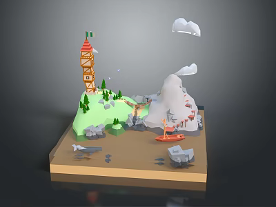 Low Poly Scenic Model With Tower Mountain Boat Trees And Clouds 3d model