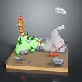 Low Poly Scenic Model With Tower Mountain Boat Trees And Clouds 3d model