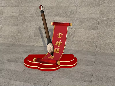 Elegant Chinese Brush Pen On Red Scroll With Golden List Inscription On Gray Stone Floor 3d model