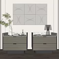 Modern Light Gray Bedside Tables With Drawers Table Lamp Green Plant And Geometric Wall Art