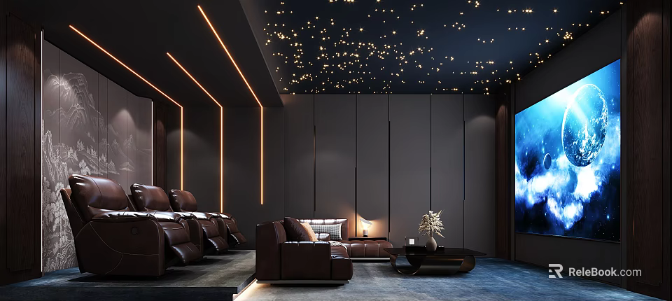 Home Theater Interior With Dark Walls Starry Ceiling Brown Leather Sofas And Large Screen 3d model