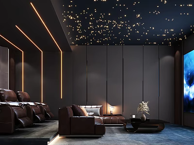 Home Theater Interior With Dark Walls Starry Ceiling Brown Leather Sofas And Large Screen 3d model