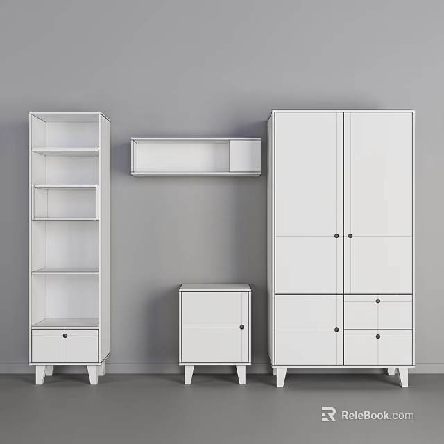 White Storage Cabinet Shelves With Open Shelving Wall Mounted Unit And Drawers 3d model 