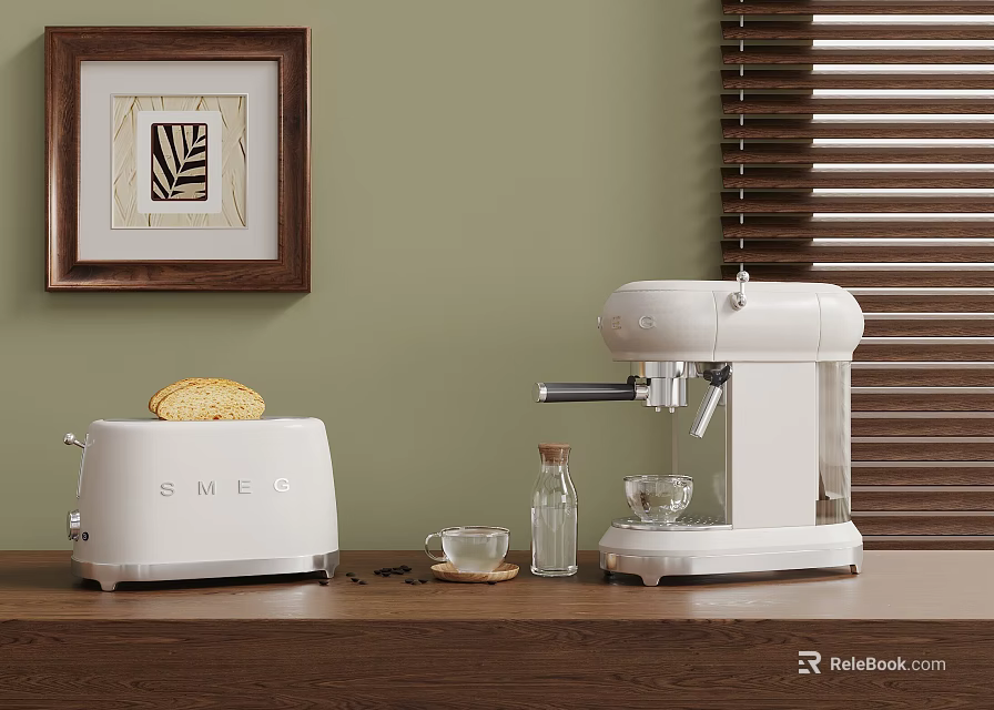 SMEG Kitchen Appliances Toaster And Coffee Machine On Wooden Countertop With Green Wall Background 3d model 