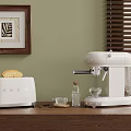 SMEG Kitchen Appliances Toaster And Coffee Machine On Wooden Countertop With Green Wall Background
