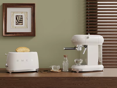 SMEG Kitchen Appliances Toaster And Coffee Machine On Wooden Countertop With Green Wall Background 3d model