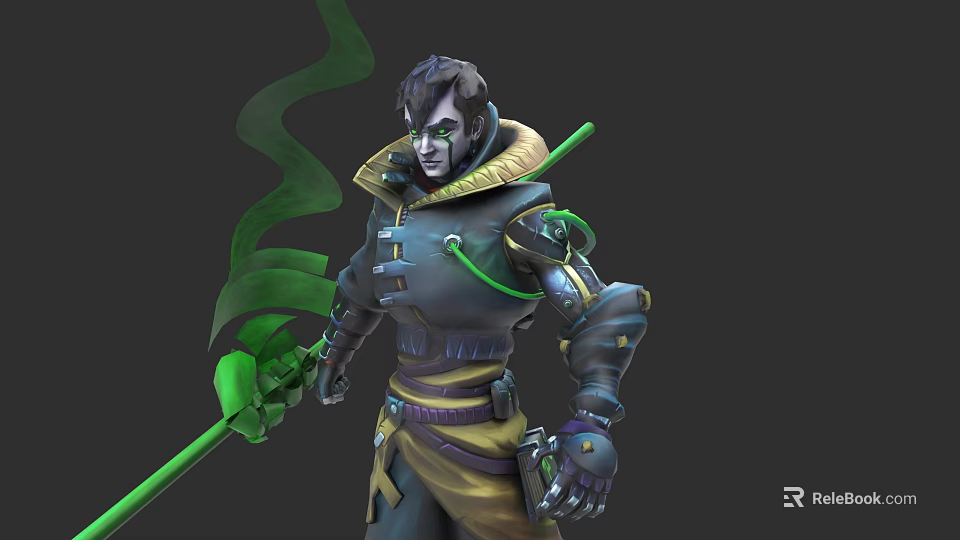 Game Fantasy Character In Dark Armored Suit With Green Staff And Glowing Details 3d model 