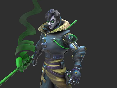 Game Fantasy Character In Dark Armored Suit With Green Staff And Glowing Details 3d model