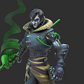 Game Fantasy Character In Dark Armored Suit With Green Staff And Glowing Details