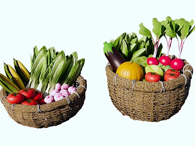 Woven Baskets Filled with Fresh Colorful Vegetables Tomatoes Eggplants Pumpkins Radishes and Leafy Greens 3d model