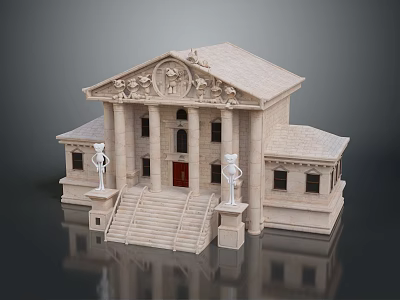 Classical Stone Building With Columns Steps Red Door And Flanking Statues 3d model