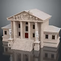 Classical Stone Building With Columns Steps Red Door And Flanking Statues 3d model