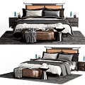 Modern Double Bed Bedroom Setting with Nightstands Pillows Bench and Decorative Vases 3d model