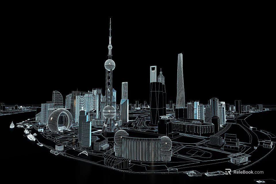Cartoon Cityscape Scene with Shanghai Landmark Buildings Line Art Design on Black Background 3d model 