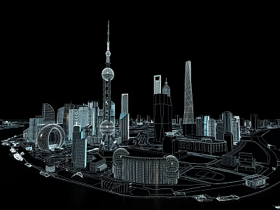 Cartoon Cityscape Scene with Shanghai Landmark Buildings Line Art Design on Black Background 3d model